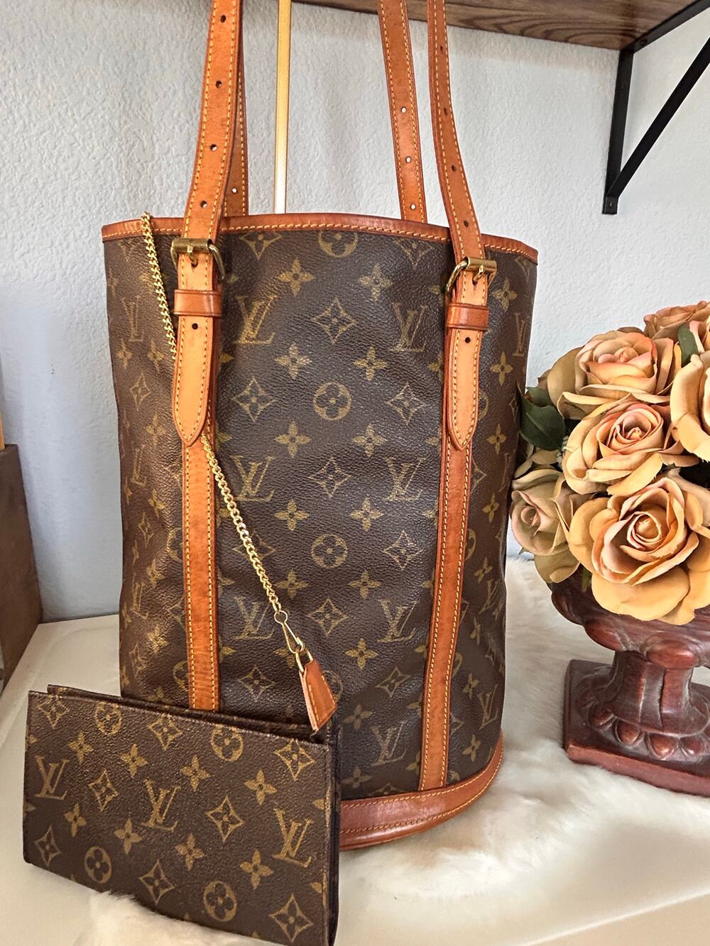 Louis Vuitton Bucket GM Handbag Monogram Bucket with Pouch (Cleaned Interior)